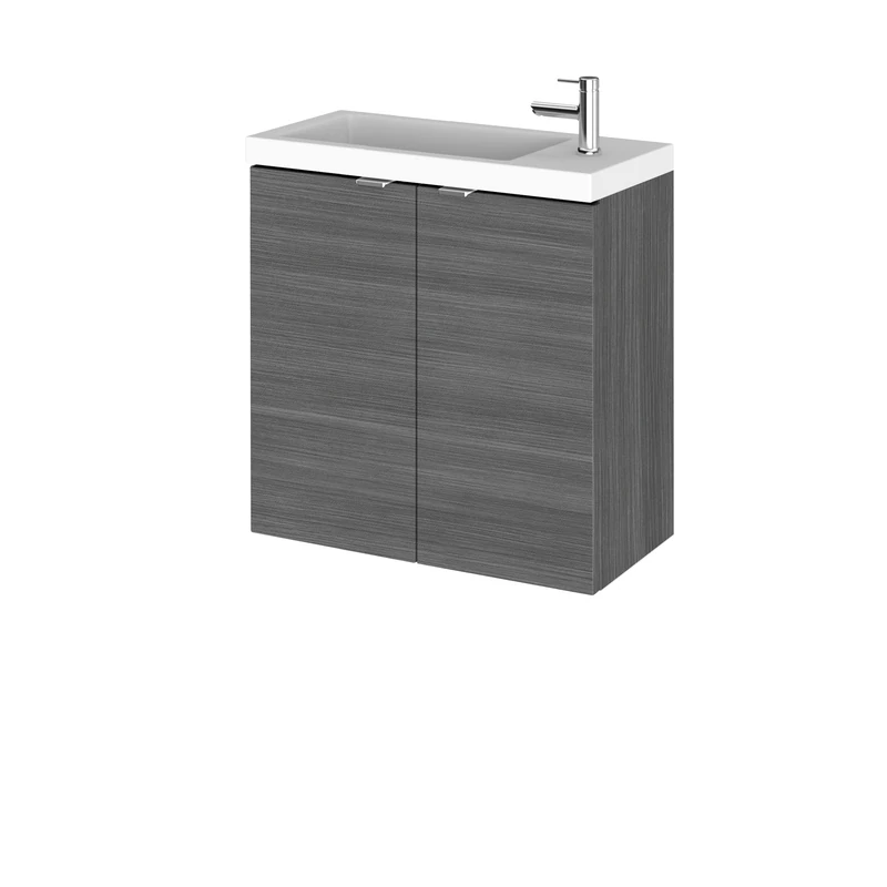 Hudson Reed CBI538 Fusion Modern Bathroom Wall Hung Compact 2 Door Vanity Unit and Polymarble Basin, 579 x 505 x 260mm, Woodgrain Anthracite