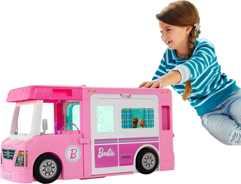 Barbie Camper, Doll Playset with 50 Accessories, Transforms into Truck, Boat & House, Includes Pool, 3-in-1 Dream Camper, GHL93