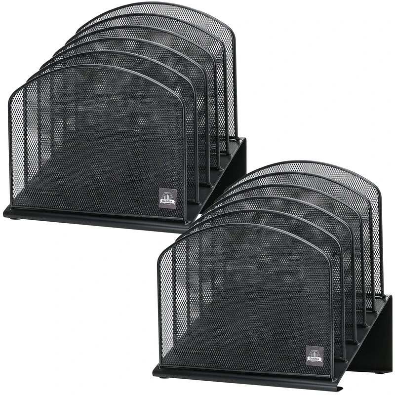 Delifox 2 Pack Inclined File Organizer Metal Rack, 5 Sections Office Desktop Document Holder, Mail Sorter, Mesh Collection