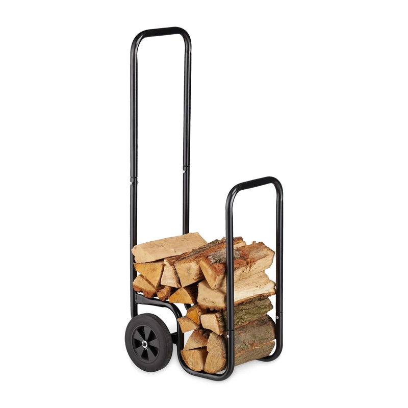 Relaxdays Log Cart, Steel Firewood Trolley, With 2 Wheels, Fireplace Wood Transport & Storage, Up To 60 kg, Black