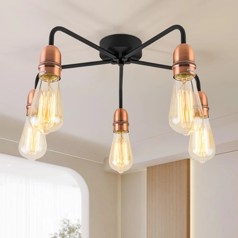 HARPER LIVING 5-Light Semi Flush Ceiling Lights, Chandelier Ceiling Lights Black with Copper Finish, E27/ES, 3x40W Vintage Ceiling Lamp for Living Room Bedroom Kitchen Hallway