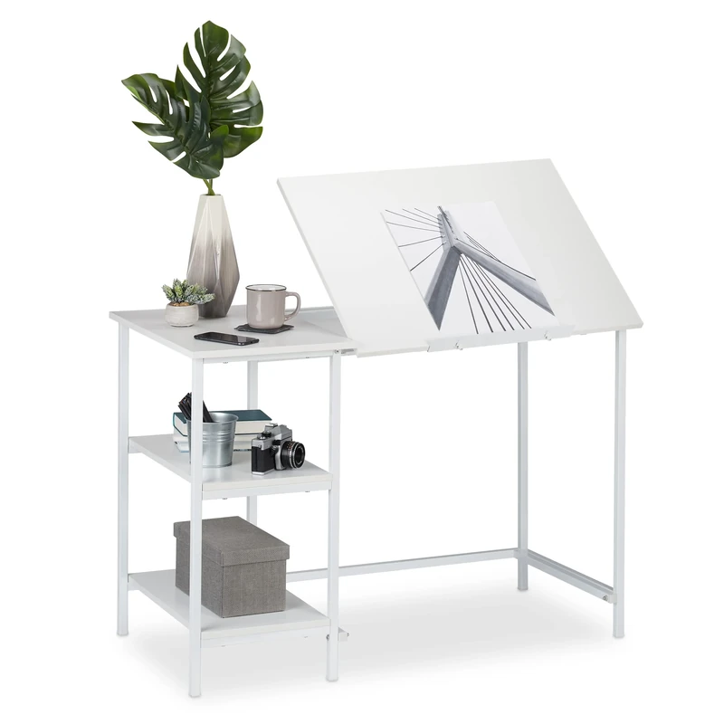 Relaxdays Desk Tilting, 3 Shelves, Several Angles, Computer & Work Desk, HWD: 75 x 110 x 55 cm, White