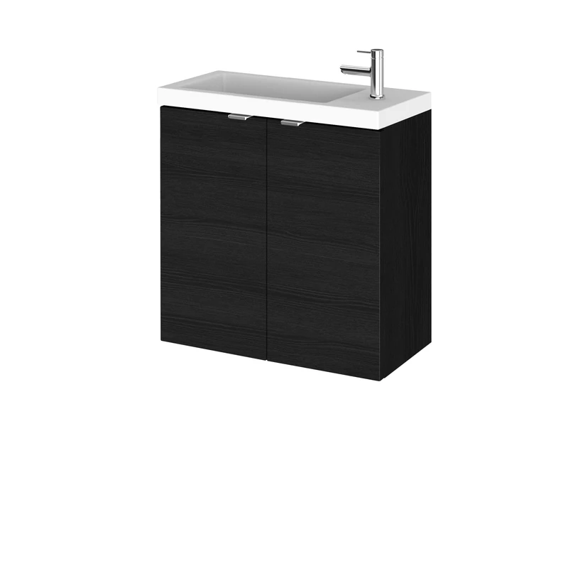Hudson Reed CBI638 Fusion Modern Bathroom Wall Hung Compact 2 Door Vanity Unit and Polymarble Basin, 579 x 505 x 260mm, Woodgrain Charcoal Black
