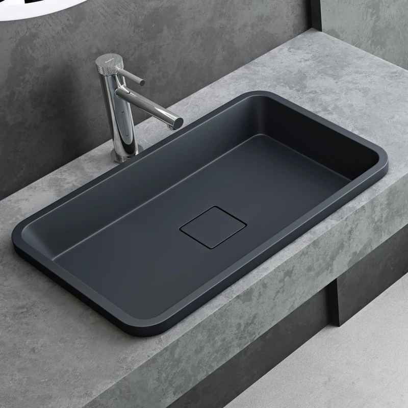 Mai & Mai Col104 Matt Grey Black Rectangular Countertop Wash Basin 53 cm Bathroom Sink with Drain Cover and Waste
