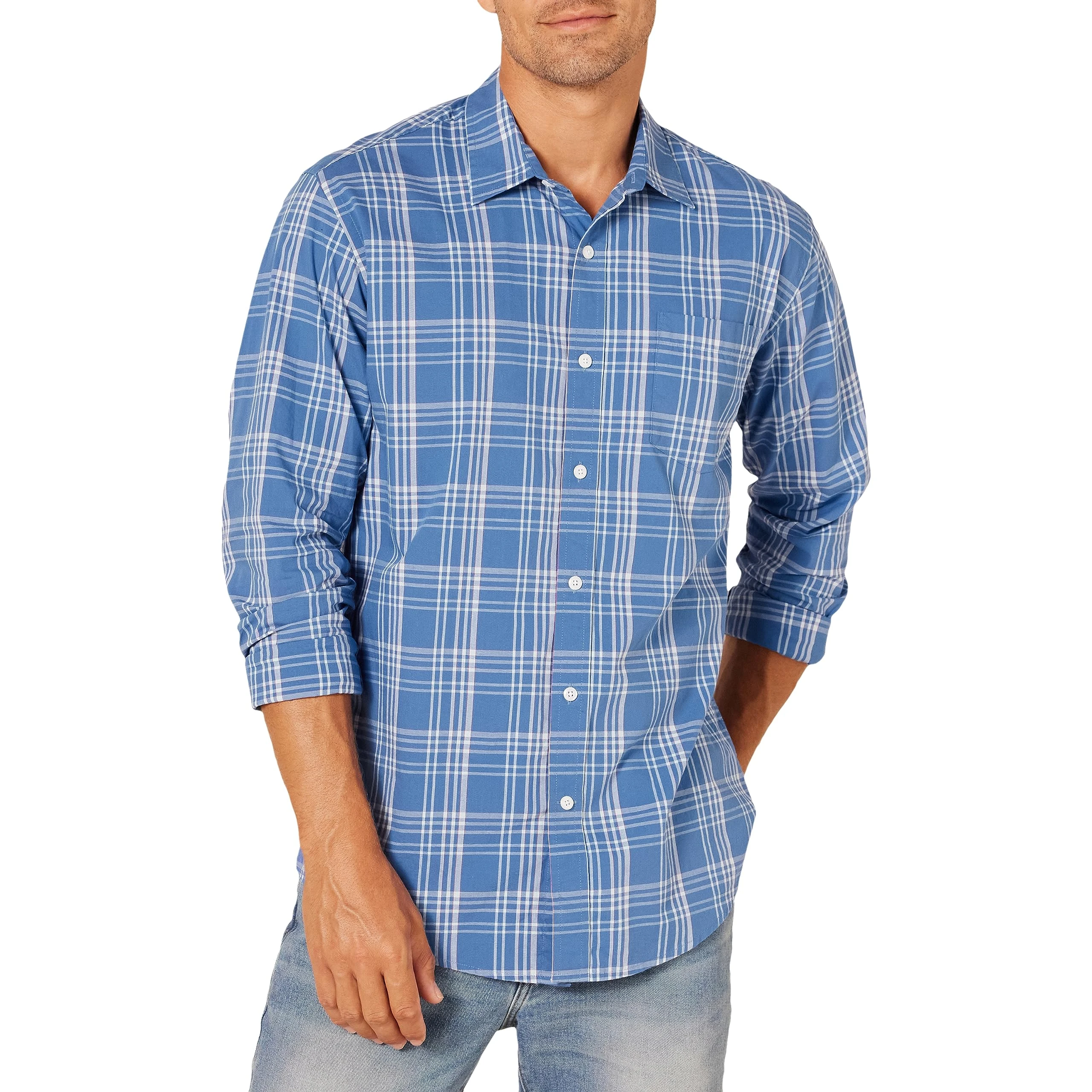 Amazon Essentials Men's Regular-Fit Long-Sleeve Casual Poplin Shirt, Aqua Blue Plaid, L