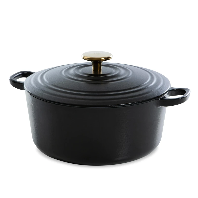 BK Cookware German Enamelled Iron, 28 cm/6.7 Litre Dutch Oven Casserole Dish with Lid, Gold Knob, Induction, Dishwasher & Oven Safe, Pitch Black