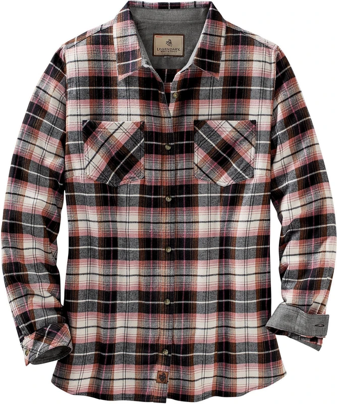 Legendary Whitetails Women's Cottage Escape Flannel Long Sleeve Solid Color Clothes, Fitted Button, Dusty Rose Plaid, Large
