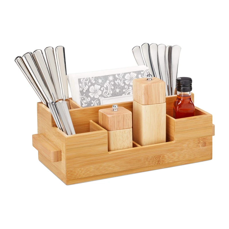 Relaxdays Cutlery Holder Bamboo, 7 Compartments, Table Caddy For Napkins, Sauces, Oil, Spices, HWD 11.5 x 35 x 15 cm