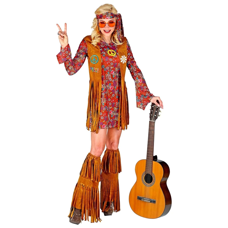 Widmann W MILANO Party Fashion - Hippie Costume, Dress, Vest, Headband, Boot Covers with Fringe, Flower Power, Flower Girl, Theme Party, Carnival