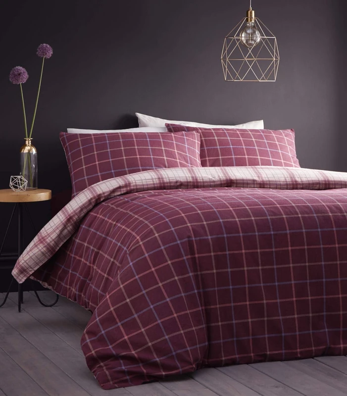 Portfolio Iona Modern Checked 100% Brushed Cotton Flannelette Duvet Cover Set Reversible Bedding, Plum, Super King