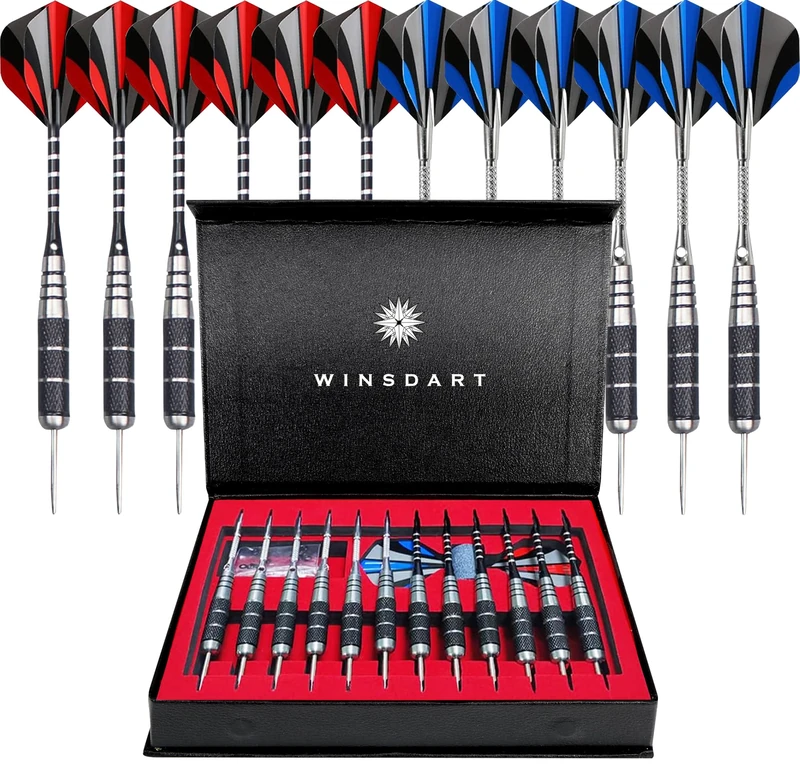 WINSDART ADKX Steel Tip Darts 12 Pack Set with Nonslip Iron Barrel Aluminum Dart Shafts and Flights + Darts Sharpener + an Gift Box (Shape B)