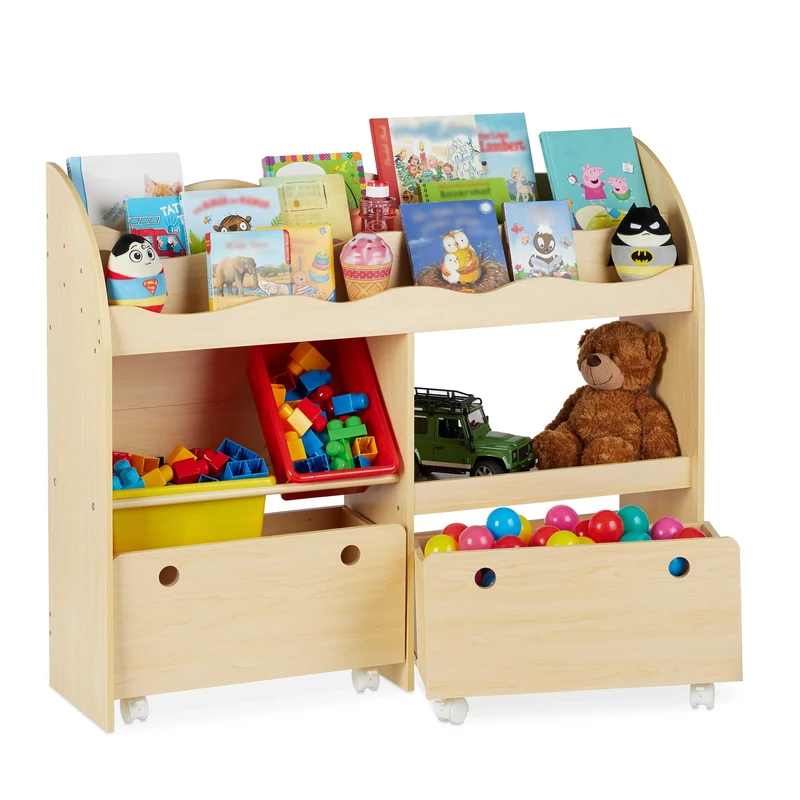 Relaxdays Playroom Storage Unit, Plastic Toy Boxes, MDF Shelving, Drawers On Castors, HWD: 88 x 108 x 29 cm, Wooden Look