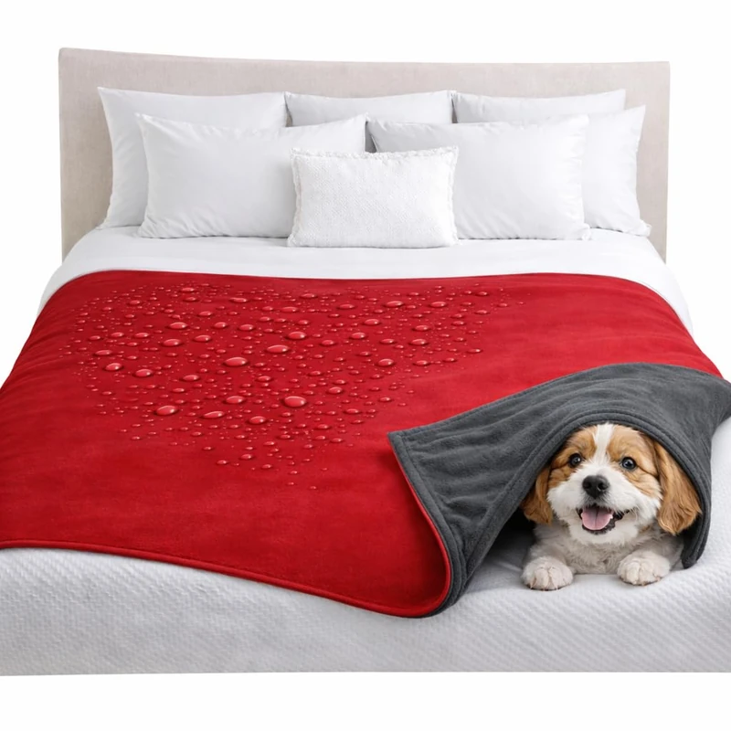TOP 100% Waterproof Blanket Red/Grey Jumbo 80x60 for Adults and Pets. Everything Dry No Matter How Wet It Gets! Ultra-Soft, Noiseless, Leakproof. Bed, Mattress, Furniture Protector. EZ Wash/Dry
