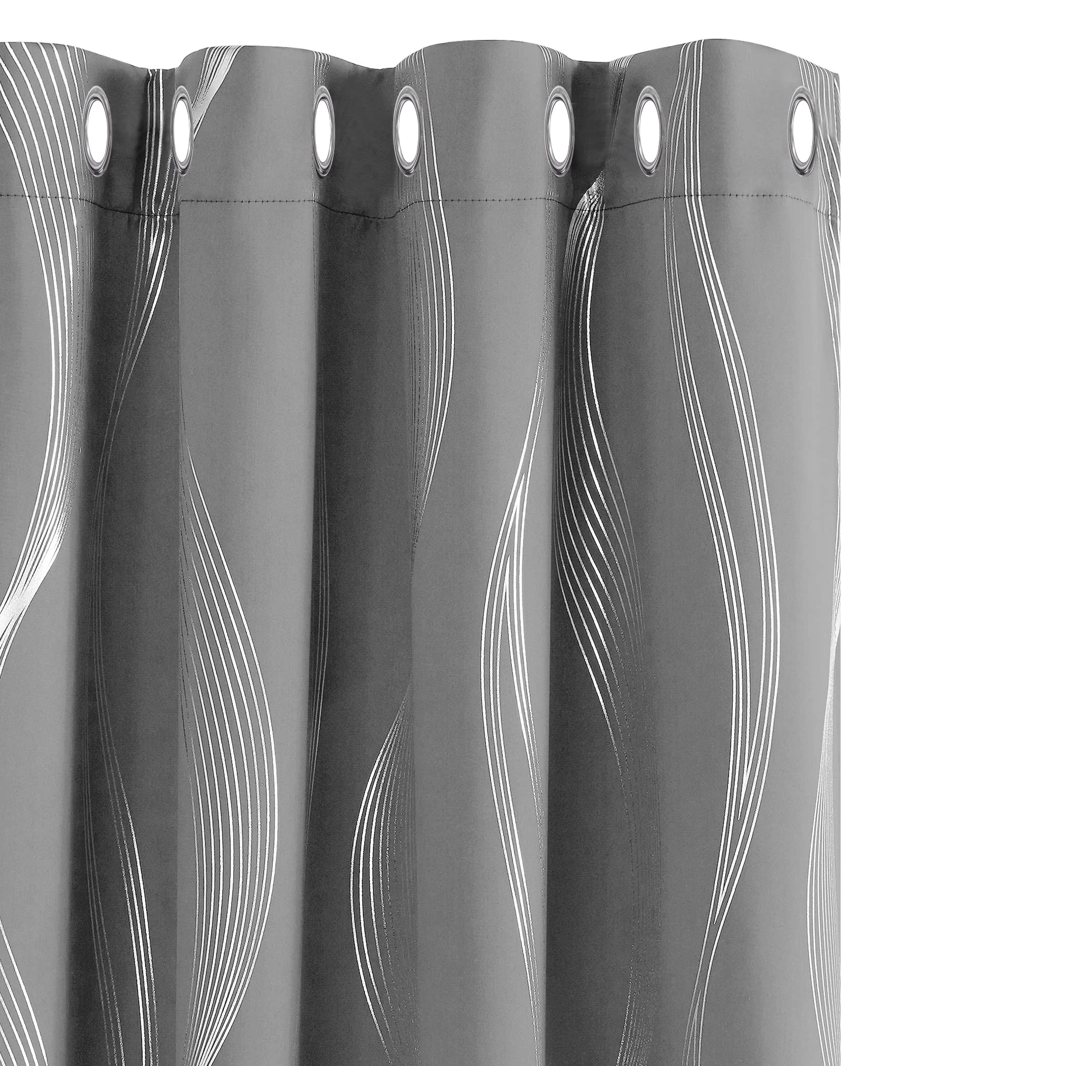 Deconovo Blackout Curtains Grey W66 x D90 Inch Silver Wave Line Foil Printed Light Blackout Curtains Thermal Insulated Curtains Eyelet Curtains for Baby Nursery Light Grey Two Panels