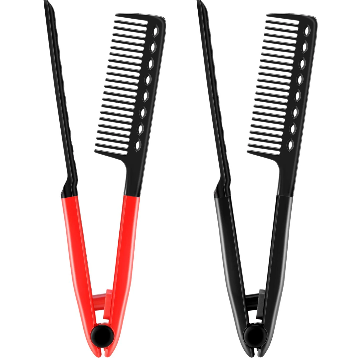 Boao 2 Pcs Flat V-shaped Straightener Comb - Salon Hair Brush for Styling & Straightening (Red, Black)