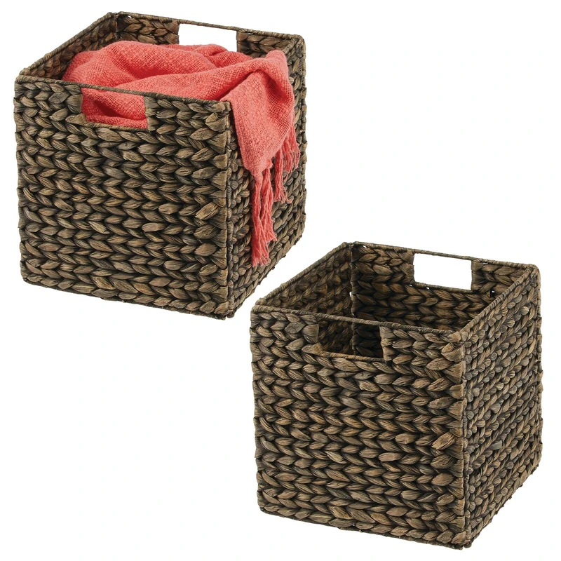 mDesign Set of 2 Storage Basket – Foldable Water Hyacinth Storage Box – Basket Storage Unit Ideal for Storing Clothes, Toys or Magazines – with Wickerwork Pattern – Black