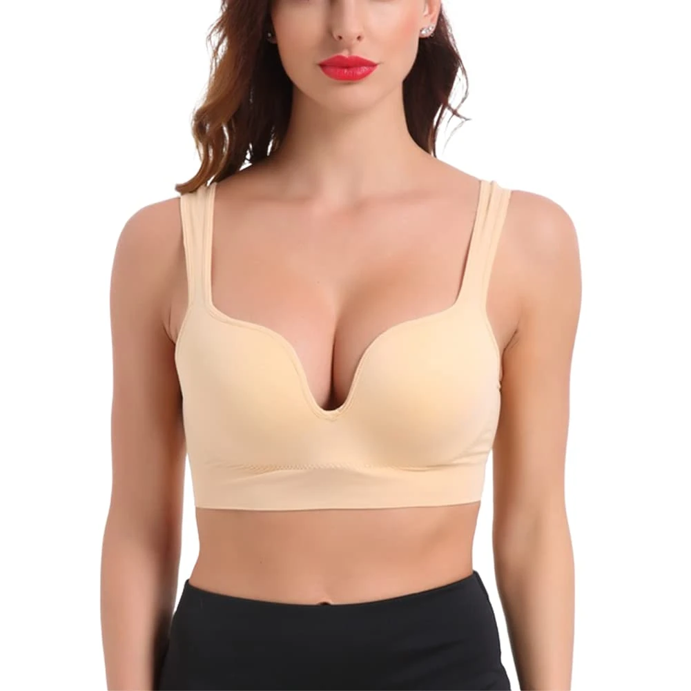 URPLITY Women's Seamless Sports Bra Yoga Bra Padded Cotton High Impact Push up Support Pullover Breathable Comfy Sport Camisole U Plunge Bra, Beige, L