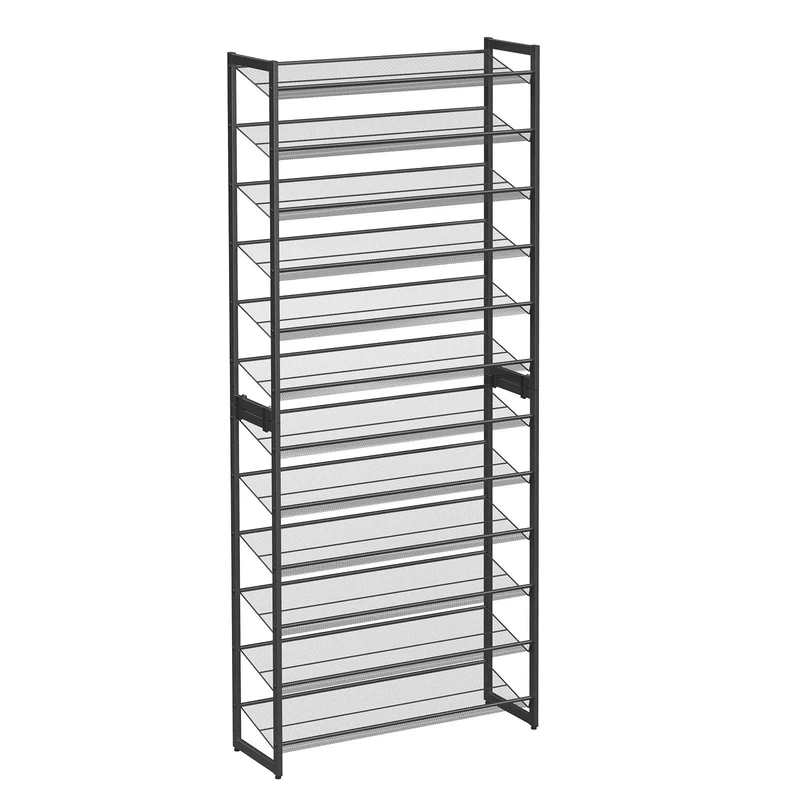 SONGMICS Shoe Rack, 12-Tier Stackable Shoe Storage Shelf, Metal Shoe Organiser with Adjustable Flat or Angled Shelves, 30.5 x 92.3 x 221.4 cm, Holds 48-60 Pairs, Black LMR12B