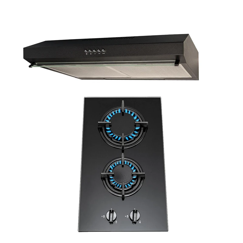 SIA 30cm Black 2 Burner Gas On Glass Hob & 60cm Cooker Hood Visor Extractor Fan
