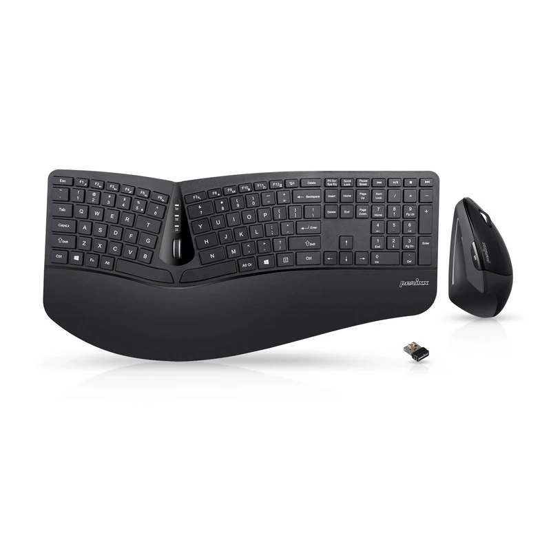 perixx Periduo-605, Wireless Ergonomic Split Keyboard and Vertical Mouse Combo, Adjustable Palm Rest and Membrane Low Profile Keys, Black, US English Layout (11633)