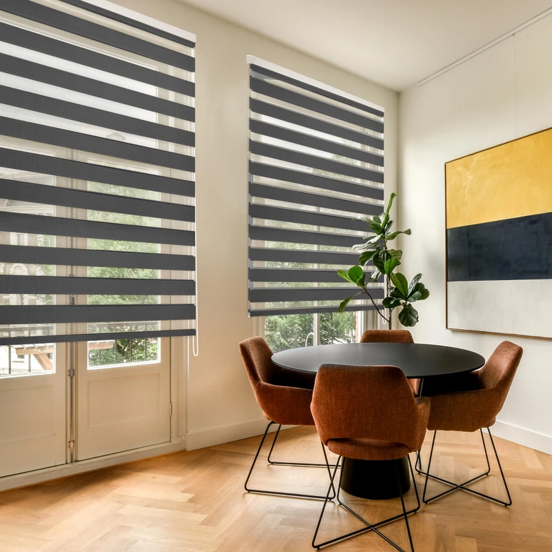 Blindecor - Lira. DoubleLayered Roller Blind, Night and Day, Anthracite grey, 140x180 cm