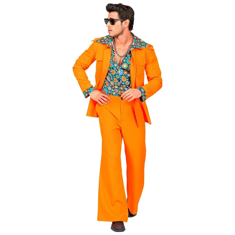 Widmann 09402 70s Disco Style Outfit, Men, Orange, M
