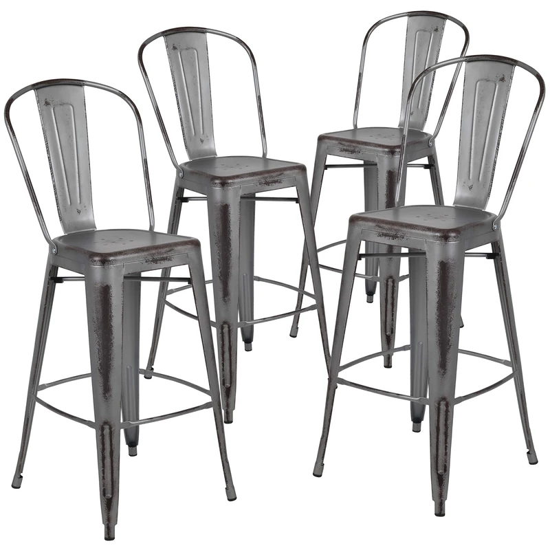 Flash Furniture Blake Commercial Grade 4 Pack 30" High Distressed Silver Gray Metal Indoor-Outdoor Barstool with Back