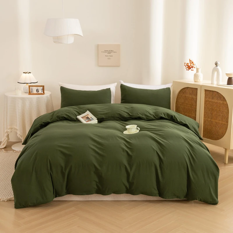 ECOCOTT 3 Pieces Duvet Cover Set Queen 100% Washed Cotton 1 Duvet Cover with Zipper and 2 Pillowcases, Ultra Soft and Easy Care Breathable Cozy Simple Style Bedding Set (Avocado Green)