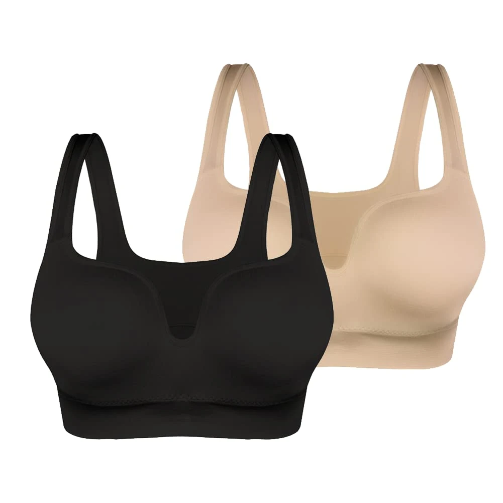 URPLITY Women Seamless Sports Bra Padded Plus Size Sleep Bras for Girls in Yoga Bralette Push Up Support Comfort Camisole Gym Bra Black and Beige