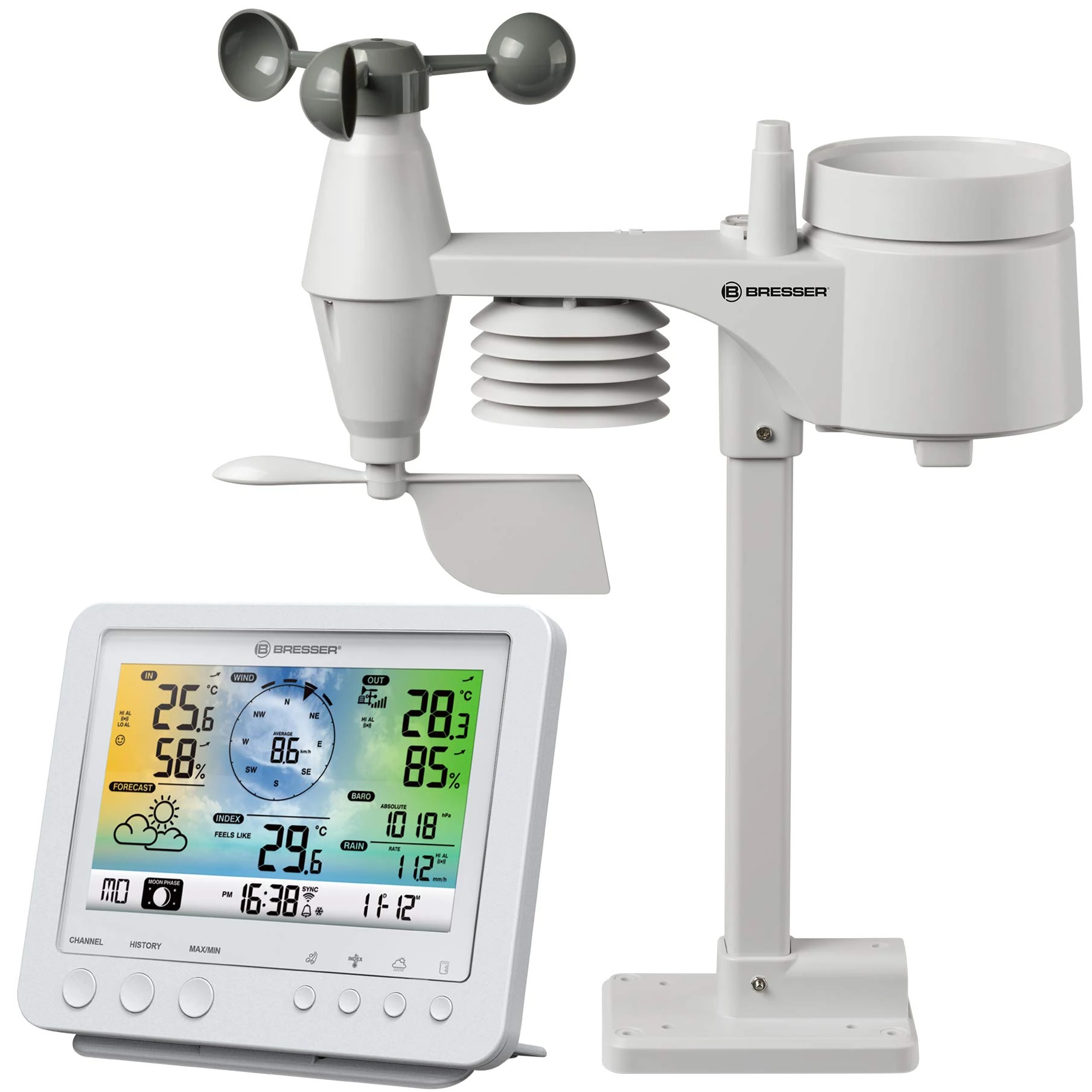 Bresser Radio weather station with external sensor, Wi-Fi, 5 in 1, 5.7 inch color display and external sensor for temperature, air humidity, wind, air pressure, precipitation (rain meter), white