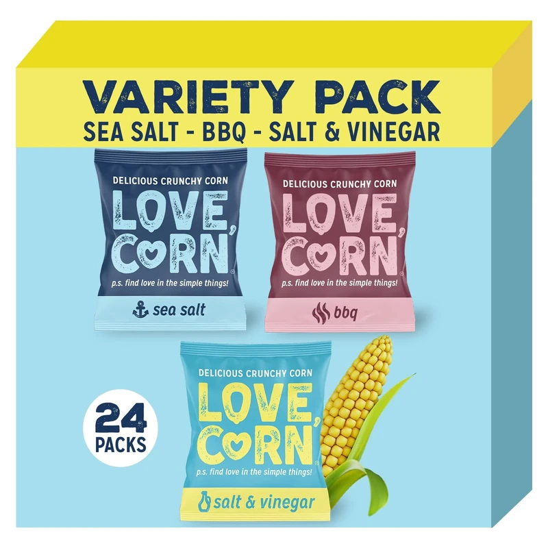 LOVE CORN Variety Pack (8x Sea Salt, 8x BBQ, 8x Salt & Vinegar) – Healthy Snacks Ideal for Gluten Free & Vegan Diets – Low Sugar Alternative for Crisps, Mixed Nuts & Pretzels – Perfect To Graze On