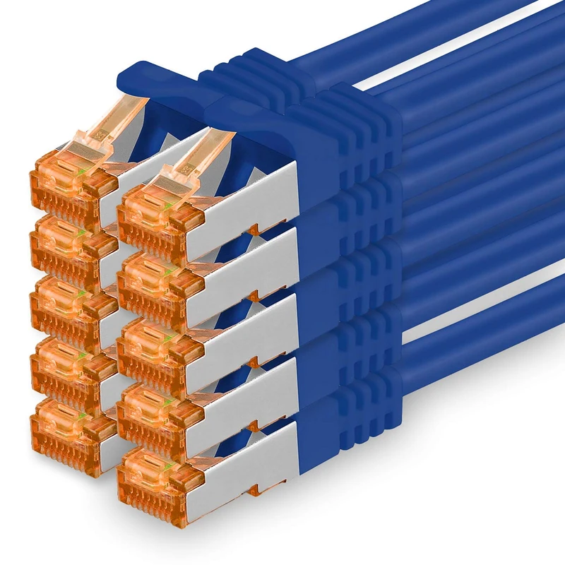 1aTTack.de 5 m - Cat.7 Network Cable Blue - Pack of 10 Gigabit Ethernet LAN Cable 10000 Mbit S Patch Cable Cat7 Cable S FTP PIMF Shielding LSZH Cat.7 Raw Cable RJ45 Connector Cat 6a - 10 x 5 m