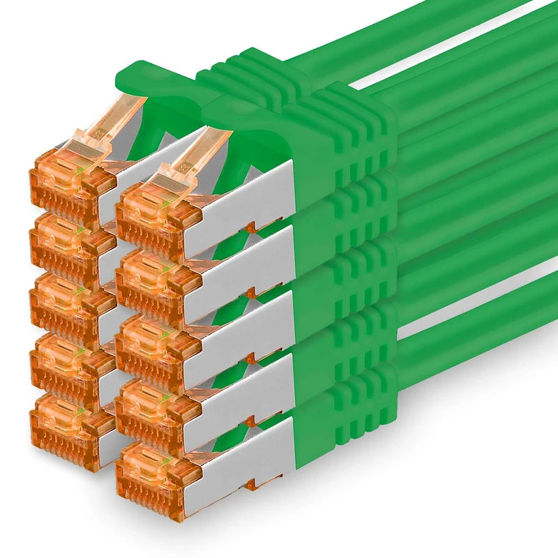 1aTTack.de 5 m - Cat.7 Network Cable Green - Pack of 10 Gigabit Ethernet LAN Cable 10000 Mbit S Patch Cable Cat7 Cable S FTP PIMF Shielding LSZH Cat.7 Raw Cable RJ45 Connector Cat 6a - 10 x 5 m - Image 1