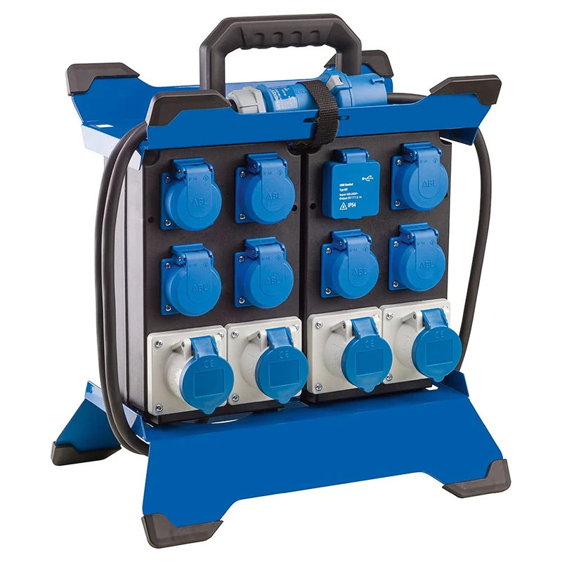 as - Schwabe Portable CEE Power Distributor Stecky Duo 5, CEE Plug + 7 Protective Contact Sockets + 4 CEE Sockets + 2 USB Ports, Mobile Power Distribution Box for Outdoor Use, IP44 I 60935