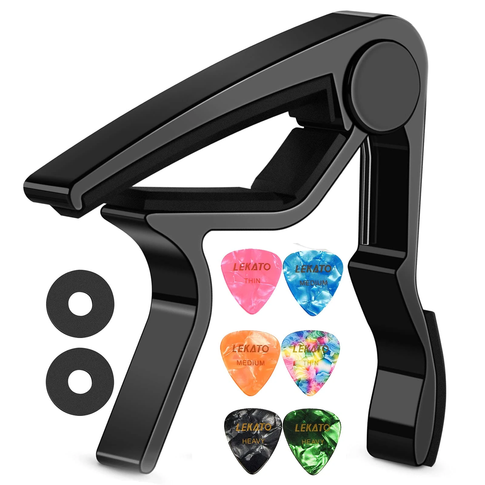 LEKATO Guitar Capo with 6 Guitar Picks for Electric Guitar Acoustic Guitar, Guitar Clip Quick-Change Capo Clamp for Guitars Ukulele Mandolin and Banjo,Pletrums & Strap Locks Included