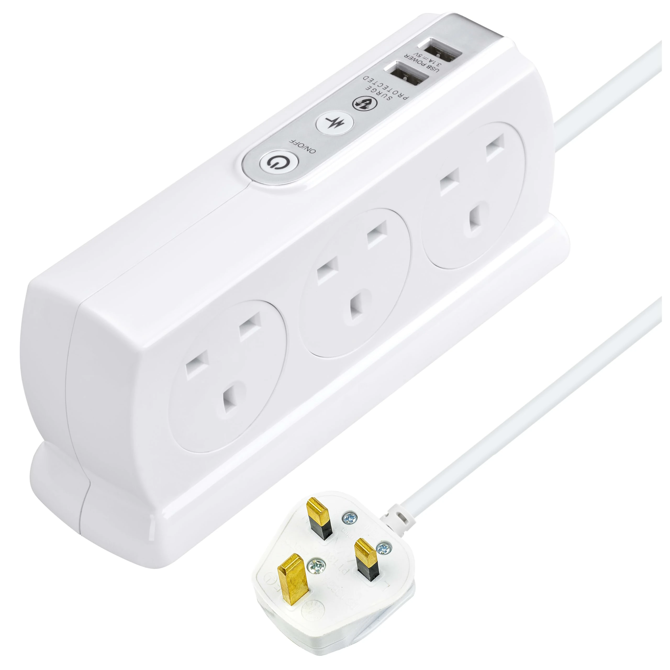 Masterplug Heavy Duty Six Socket Switched Surge Protected Extension Lead with 2 USB Ports, 2 Metre, White