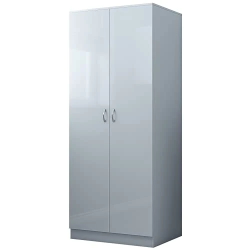 Chilton Grey High Gloss Wardrobe with Grey Frame, 2 Doors 2 Full Width Drawers, Full Width Top Shelf Storage, Slow Close with Metal Handles, Modern Bedroom Furniture