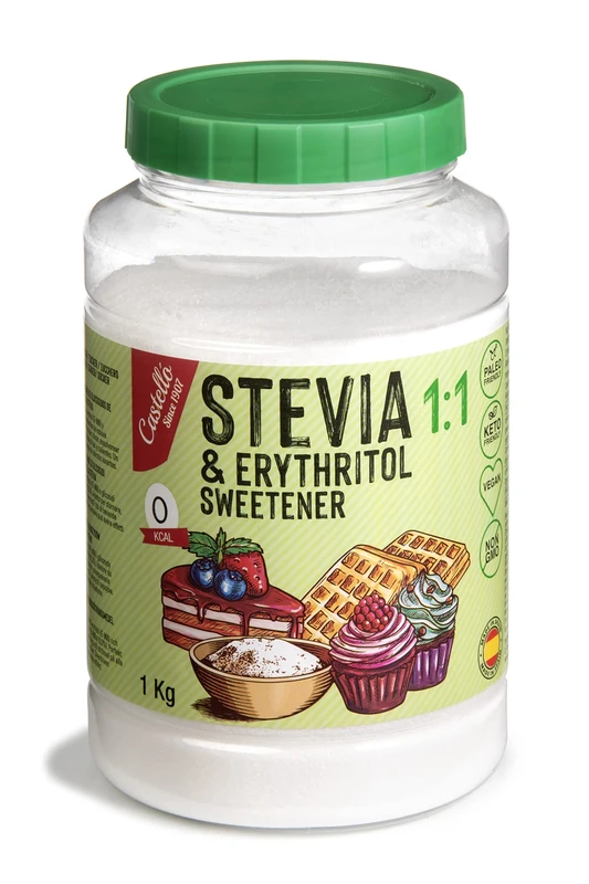 Castello since 1907 Stevia + Erythritol 1:1 Sweetener | 1g = 1g of sugar | 100% Natural taste Sugar Substitute - 0 Calories - 0 Glycemic Index - Keto and Paleo - 0 Net Carbohydrates - Non-GMO - 1kg
