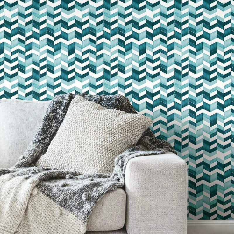 RoomMates RMK11358RL Paul Brent Teal Watercolor Chevron Peel and Stick Wallpaper - Image 1