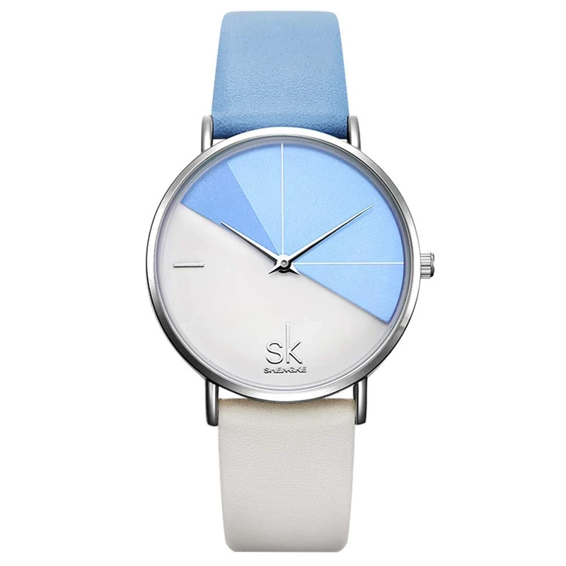 SHENGKE Creative Contrast Color Simplicity Women Watch Genuine Leather Elegant Women Watches Ladies Wristwatch(K0095-Blue&White)