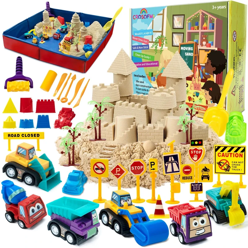 CROSOFMI Play Sand for Kids 2lbs Magic Sand with 6 Construction Vehicles 10 Road Signs and Foldable Sandbox and Moulds and Tools Toys for Boys Girls 3 4 5 6 7+ Year Old