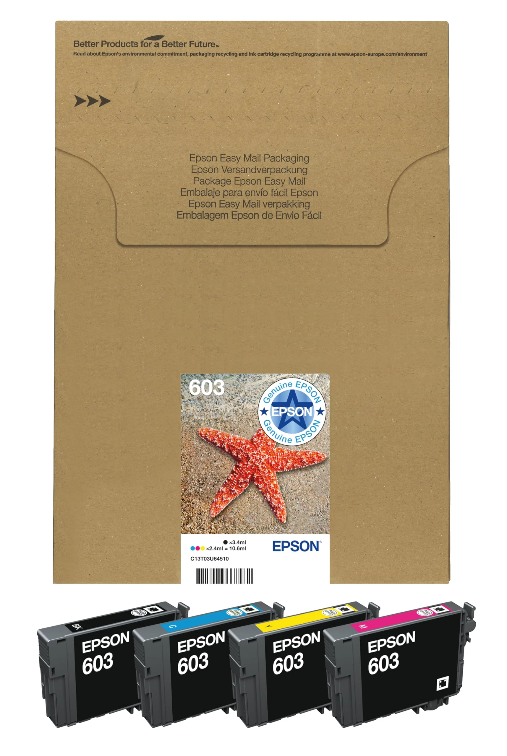 Epson 603 Starfish Genuine Multipack, Eco-Friendly Packaging, 4-Colours Ink Cartridges