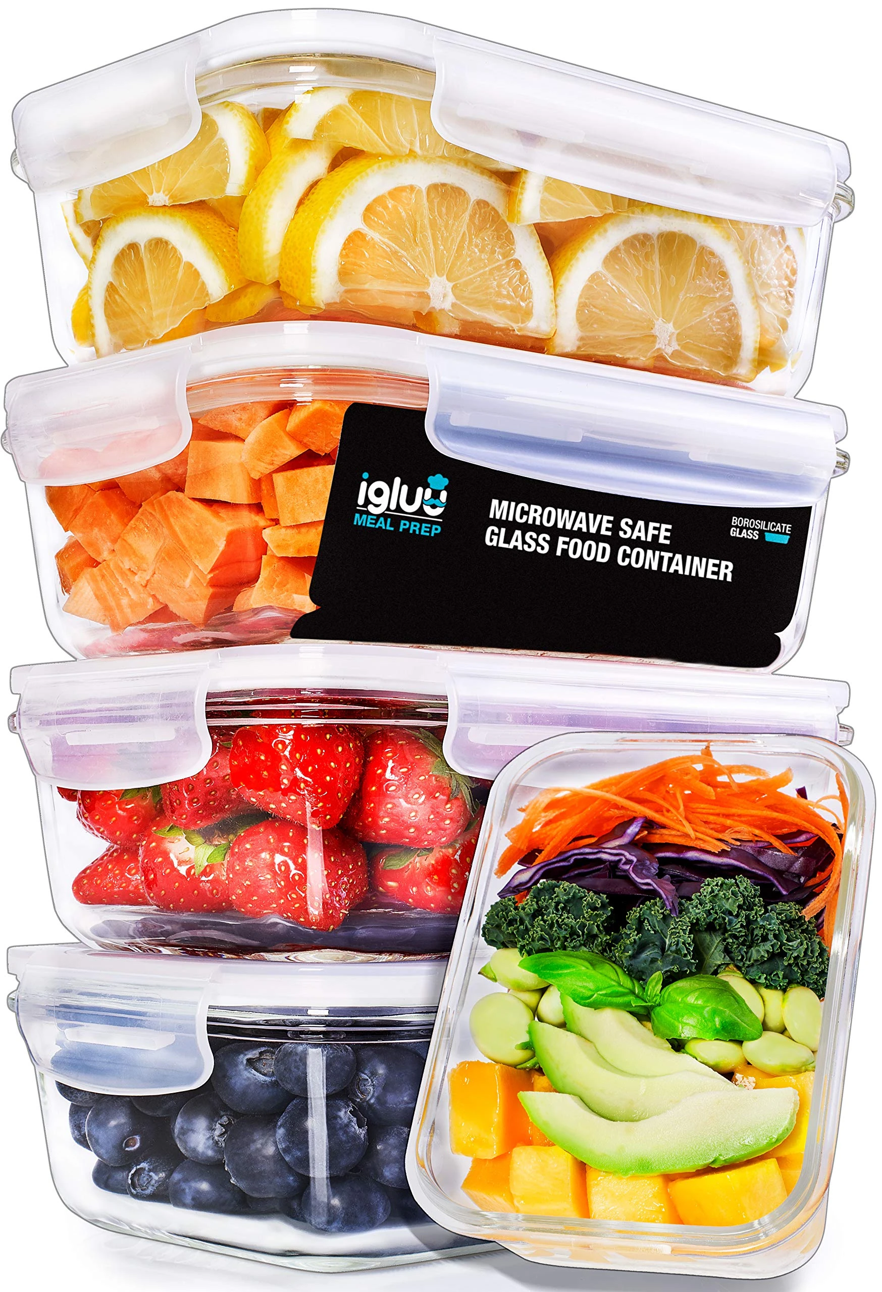 Igluu Meal Prep Glass Containers with Air Vents Lids 5 Pack Rectangle 840ml 28oz BPA-Free Meal Prep Containers Reusable – Borosilicate Glass, Oven Safe
