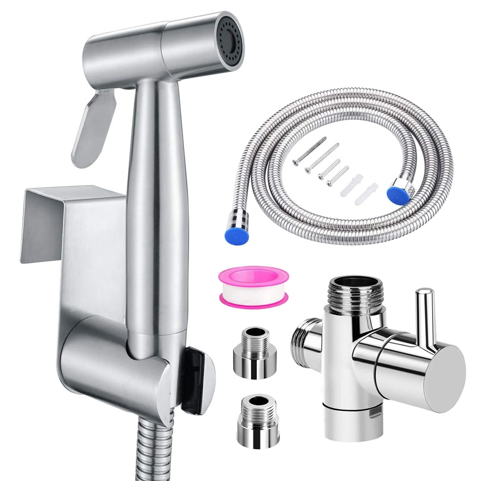 Stainless Steel Hand Shower Bidet Toilet Spray with 3 Way Valve (1/2"-3/8") Perfect for Personal Hygiene, Cleaning Care