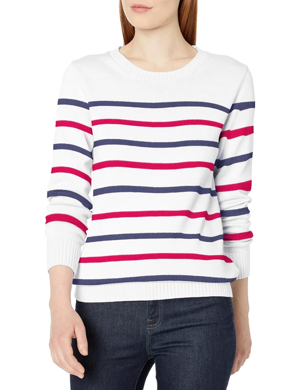 Amazon Essentials Women's 100% Cotton Crewneck Sweater (Available in Plus Size), Navy Red White Stripes, L