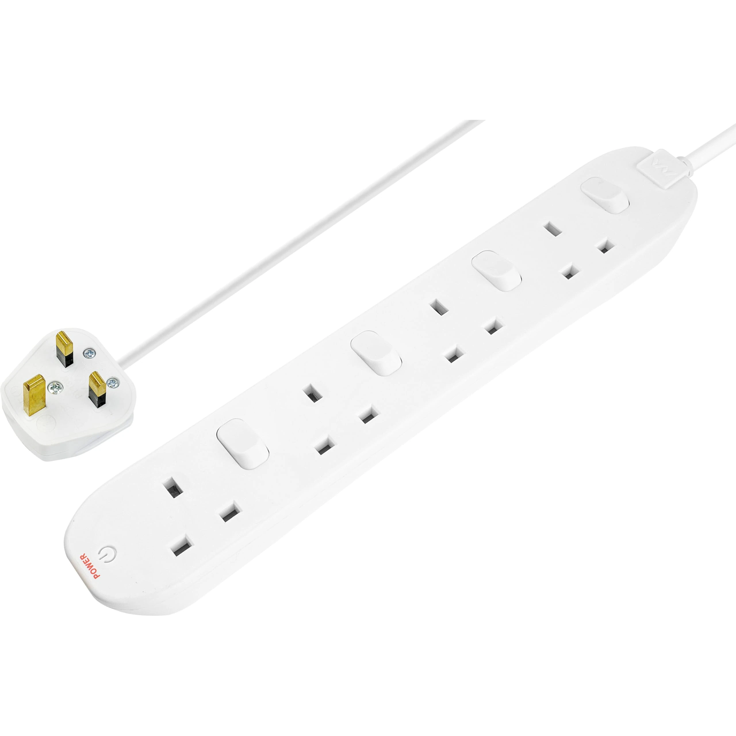 Masterplug Four Socket Extension Lead, 2 Metre Cable, Individual Switches, Power and Surge LED Indicators, 4-Way Plug Extension Cable, Power Strip, White, 13A, 4G, 2m, SWC4210N