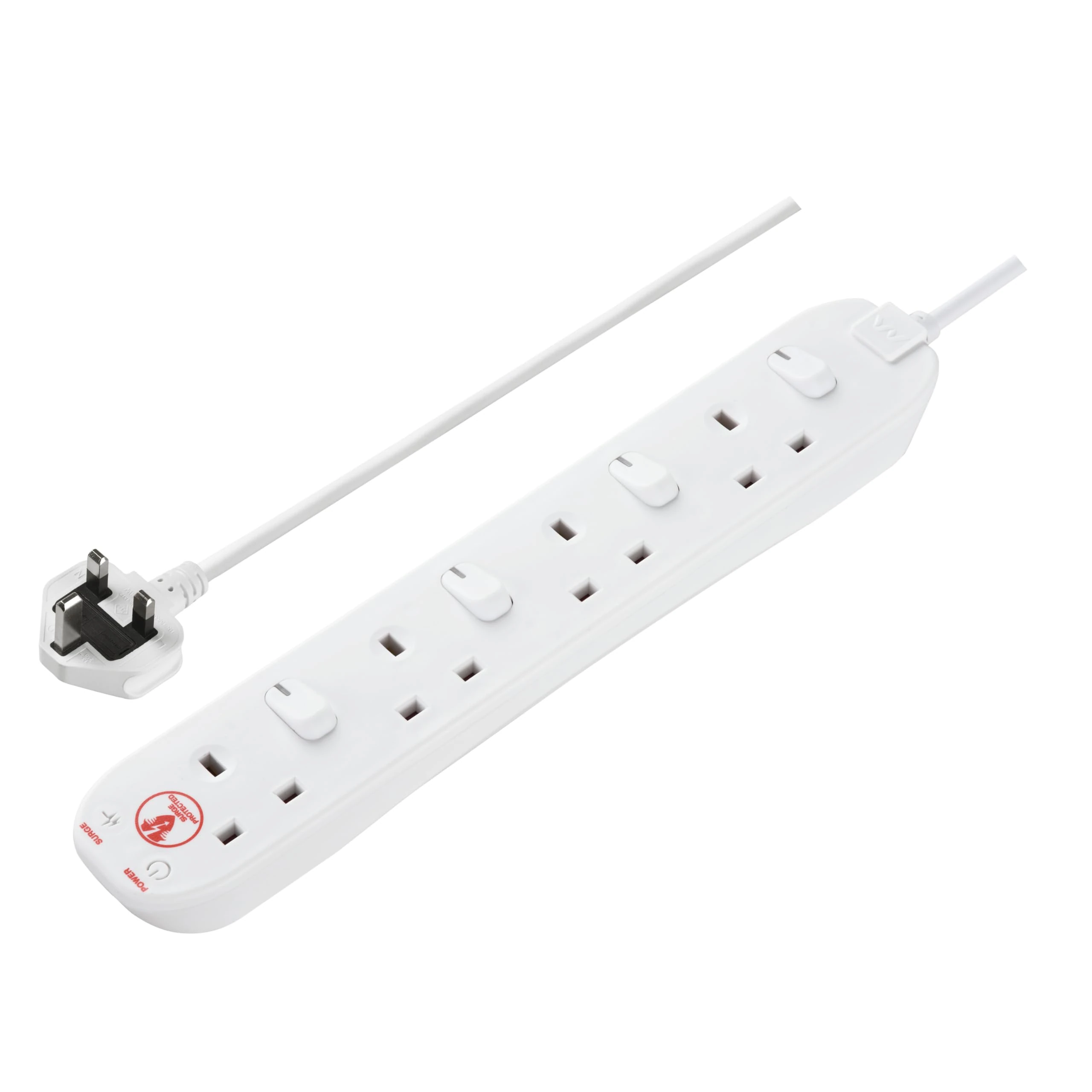Masterplug Four Socket Extension Lead, 2 Metre Cable, Surge Protection, Individual Switches, Power and Surge LED Indicators, 4-Way Plug Extension Cable, Power Strip, White, 13A, 4G, 2m, SWSRG4210N