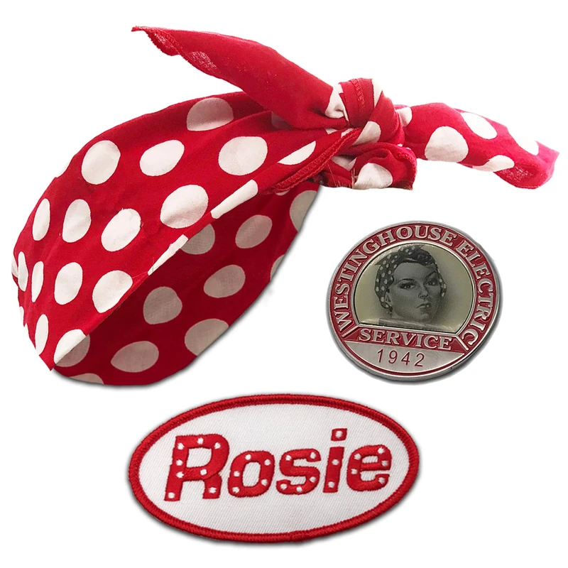 Rosie the Riveter Costume Kit, Bandana, Name Patch, Sign, Pin 1940s Woman Historically Accurate Dress-Up Accessories - Image 1