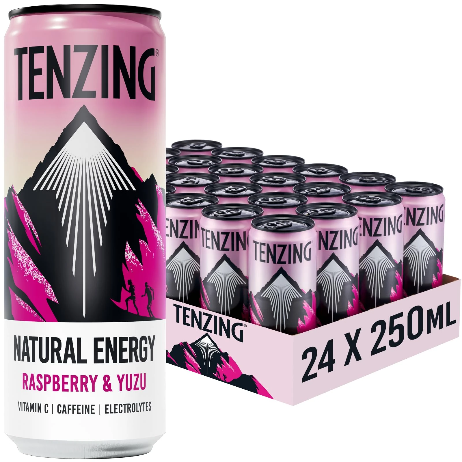 TENZING Natural Energy Drink, Plant Based, Vegan, & Gluten Free Drink, Raspberry & Yuzu, 250ml (Pack of 24)