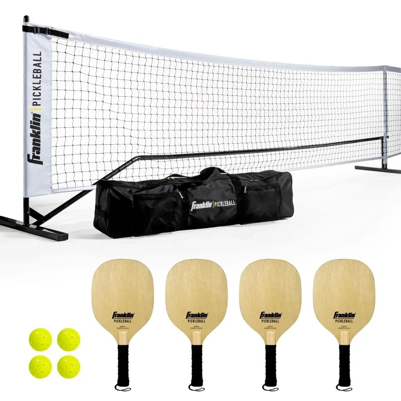 Franklin Sports Portable Pickleball Net Starter Set - Official Size Net with (4) Wooden Paddles + (4) X-40 Outdoor Balls